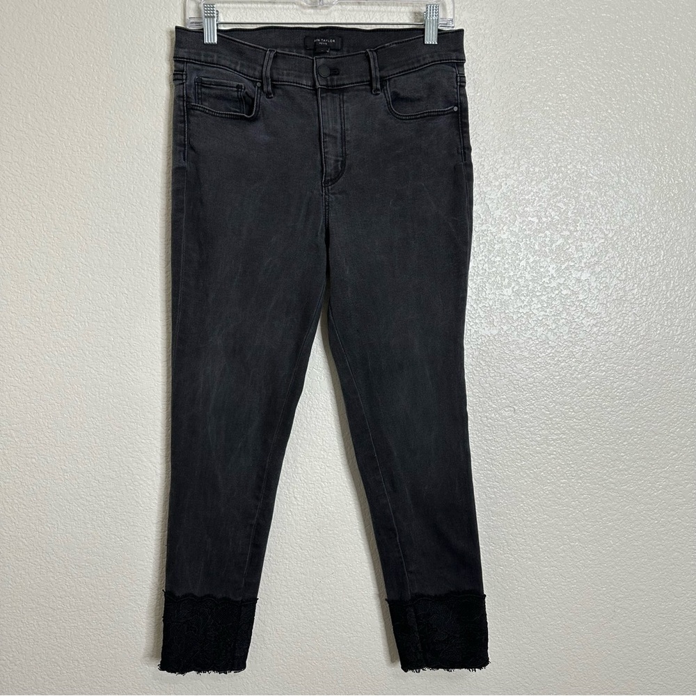 Ann Taylor The Skinny Light Washed Black Denim Lace-Hem Ankle Jeans, Size 8P